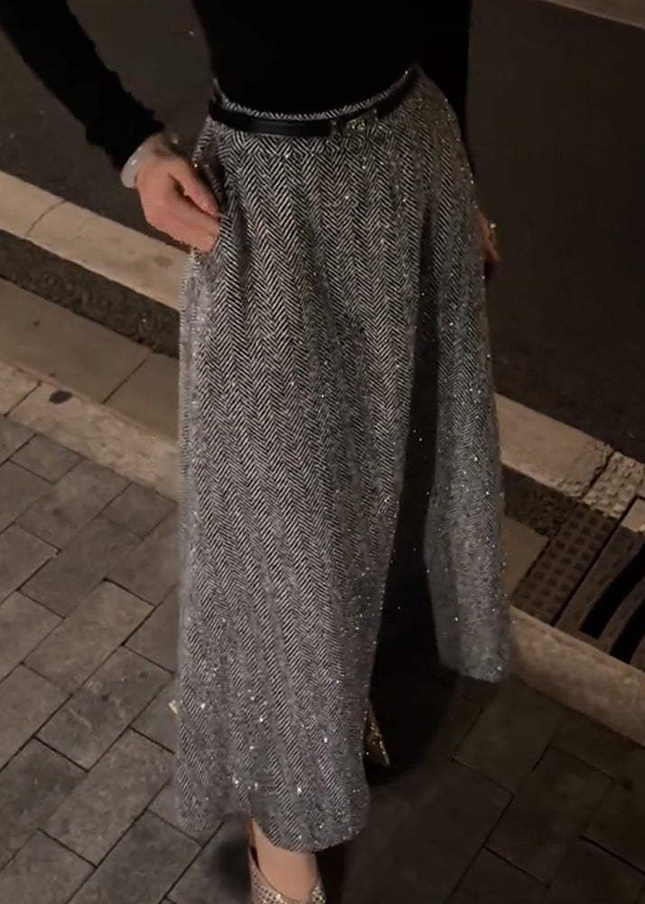 Women Grey Pockets High Waist Woolen Skirt Fall