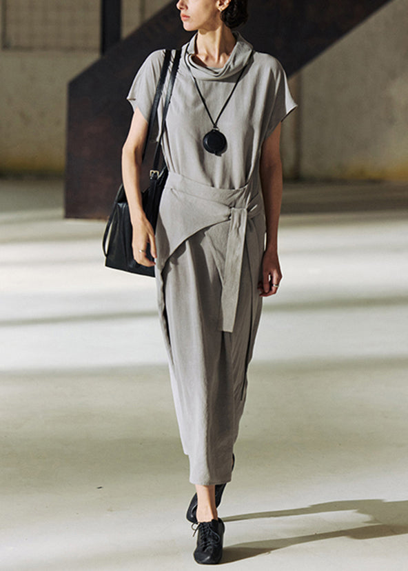Women Grey Turtle Neck Lace Up Patchwork Cotton Long Dress Summer