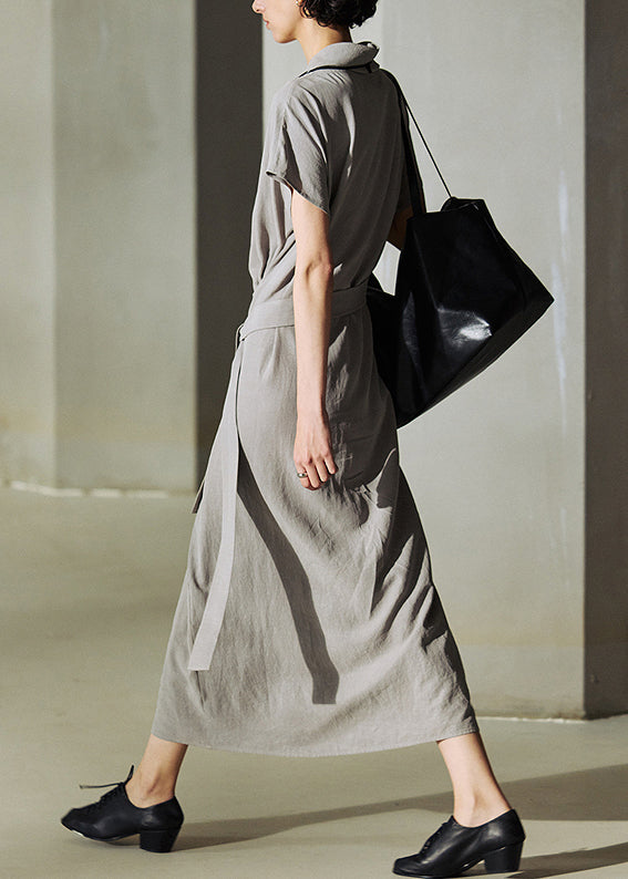 Women Grey Turtle Neck Lace Up Patchwork Cotton Long Dress Summer