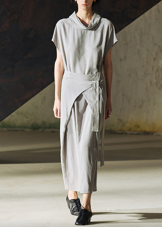 Women Grey Turtle Neck Lace Up Patchwork Cotton Long Dress Summer