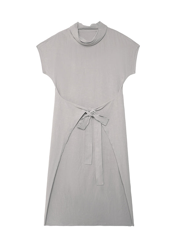 Women Grey Turtle Neck Lace Up Patchwork Cotton Long Dress Summer