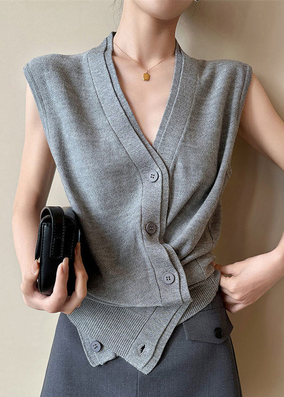 Women Grey V Neck Button Solid Knit Vest Sleeveless