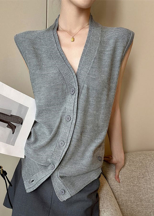 Women Grey V Neck Button Solid Knit Vest Sleeveless