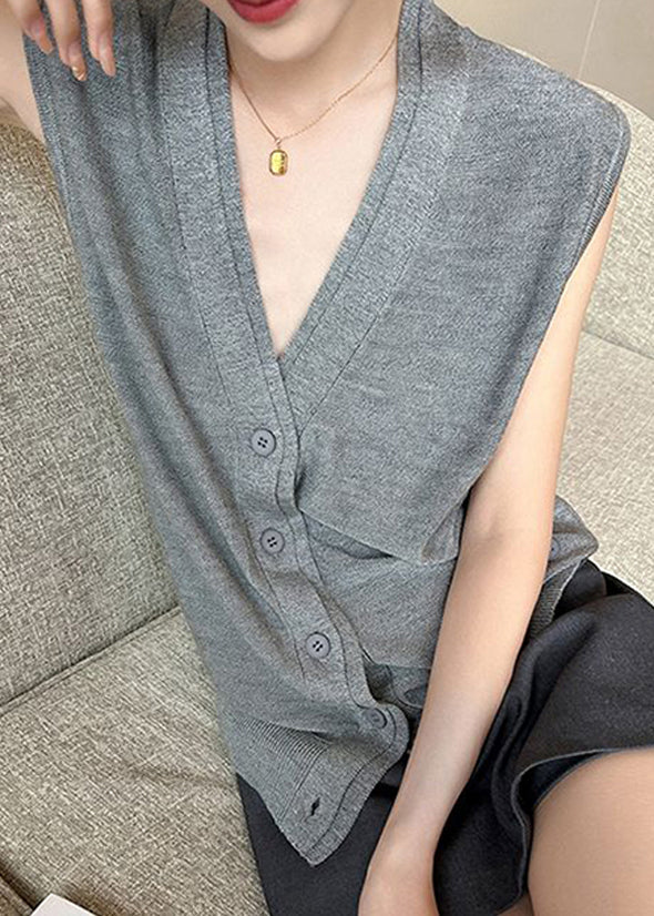 Women Grey V Neck Button Solid Knit Vest Sleeveless