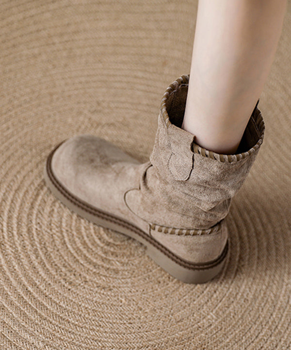 Khaki Wrinkled Splicing Suede Chunky Boots Pointed Toe TE008 main image 1