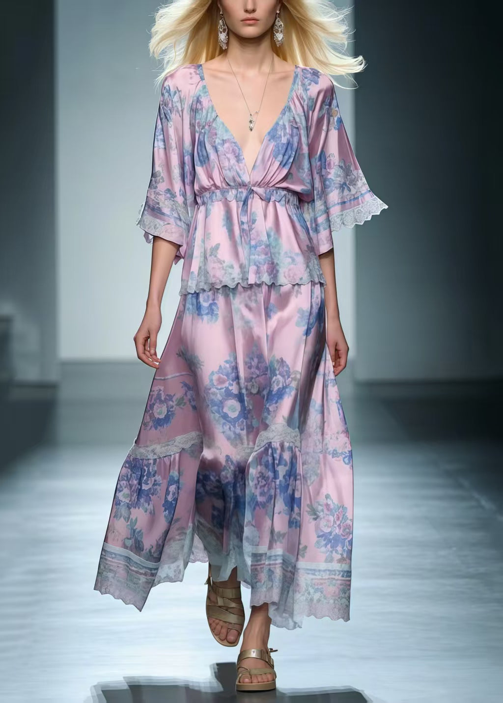 Women Light Purple V Neck Print Silk Long Dress Summer