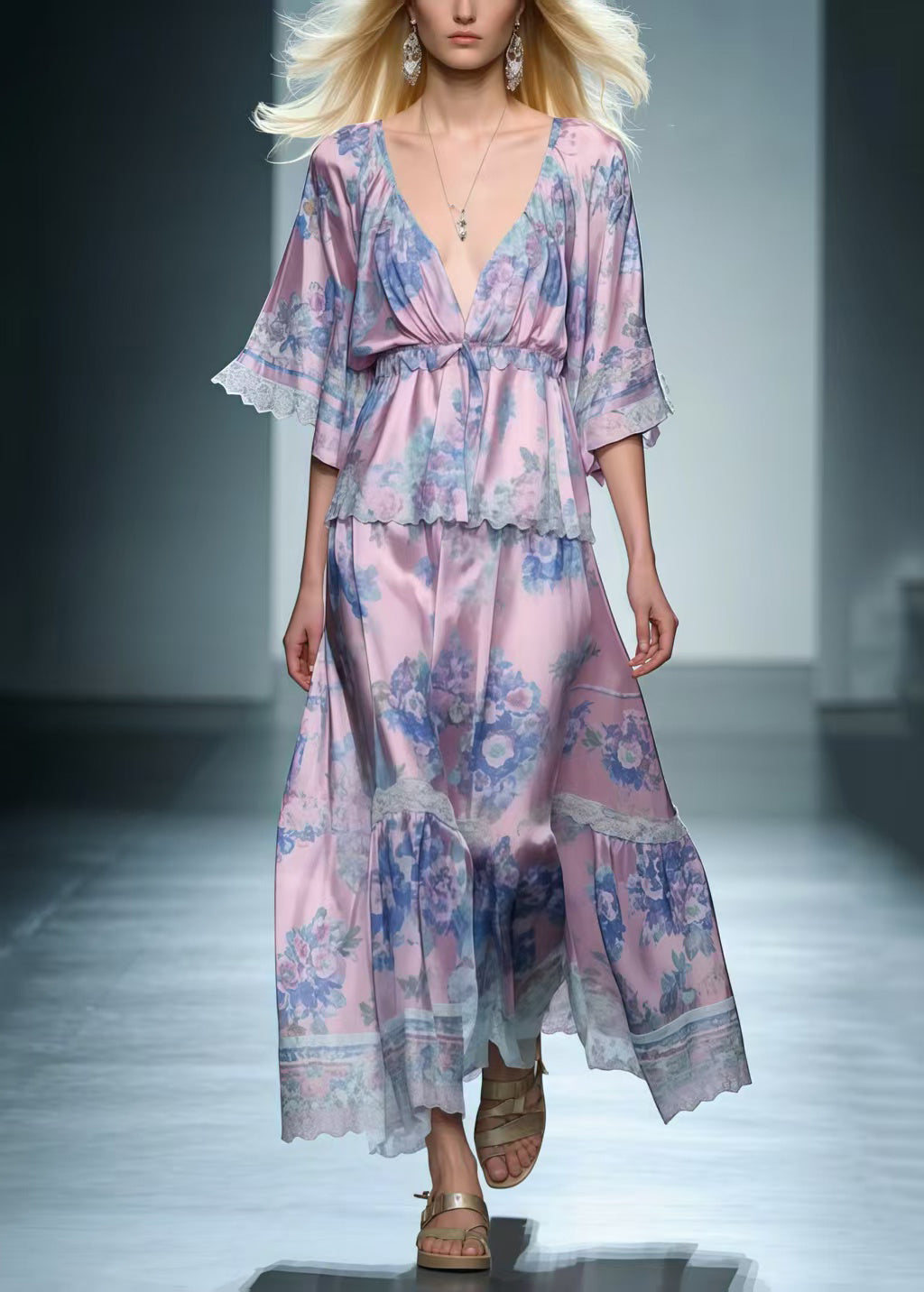 Women Light Purple V Neck Print Silk Long Dress Summer