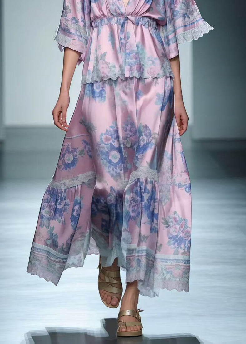 Women Light Purple V Neck Print Silk Long Dress Summer