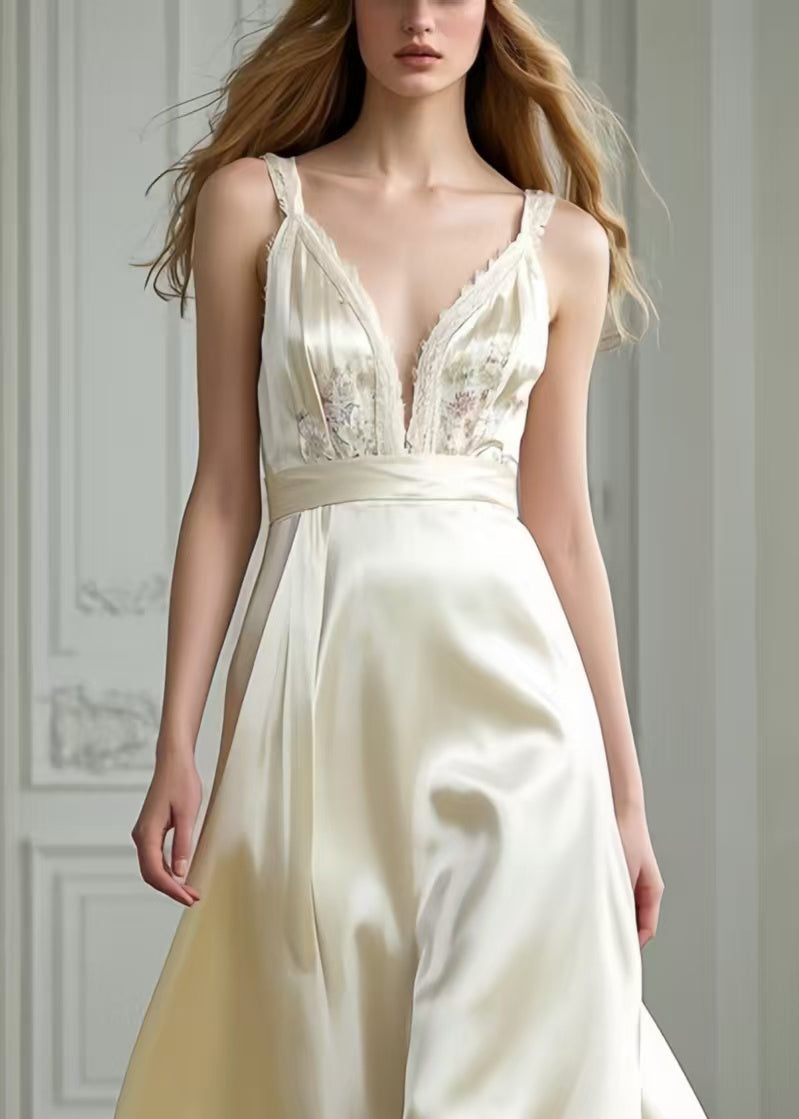 Women Milk White Exra Large Hem Draping Silk Party Dresses Summer