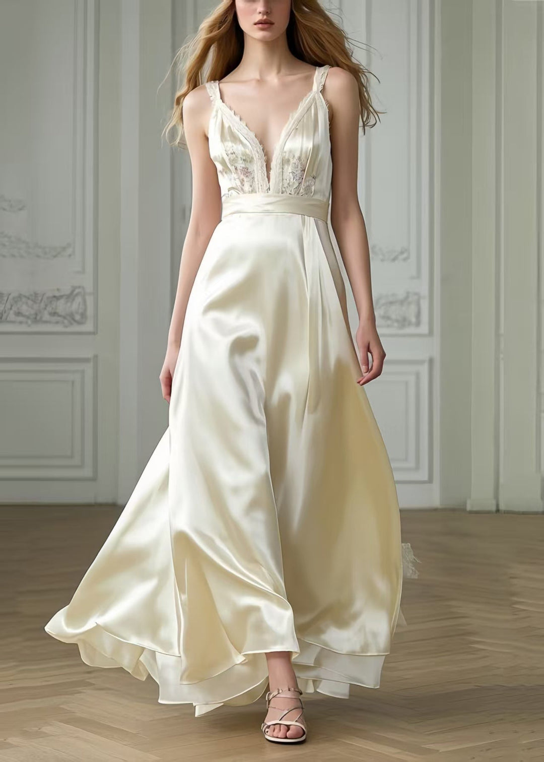 Women Milk White Exra Large Hem Draping Silk Party Dresses Summer