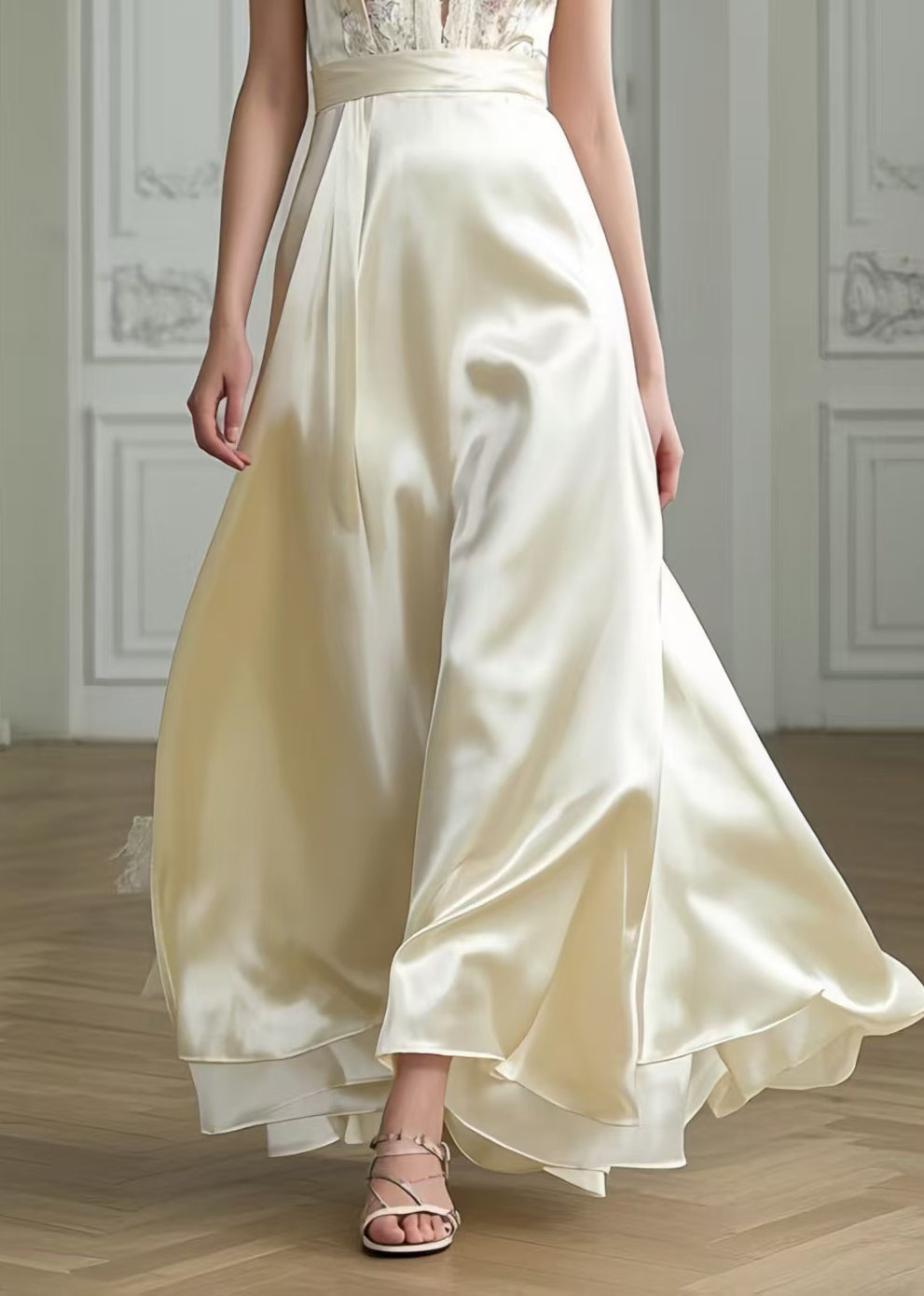 Women Milk White Exra Large Hem Draping Silk Party Dresses Summer