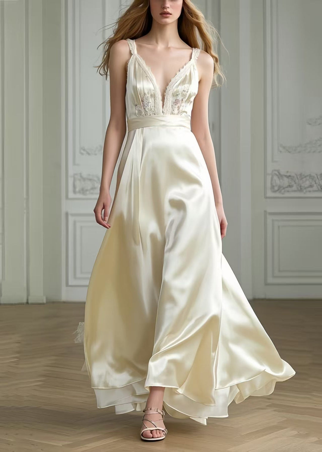 Women Milk White Exra Large Hem Draping Silk Party Dresses Summer