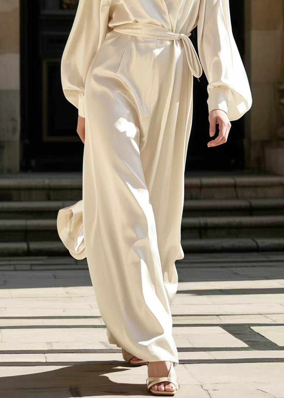 Women Milk White Notched Tie Waist Silk Overalls Jumpsuit Spring