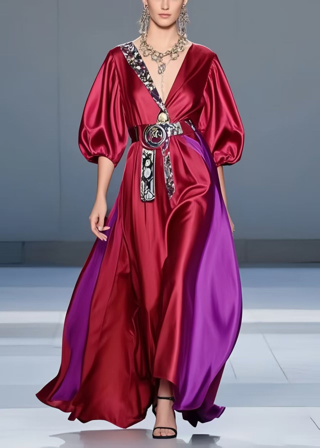 Women Mulberry Cinched Patchwork Silk Holiday Dress Summer