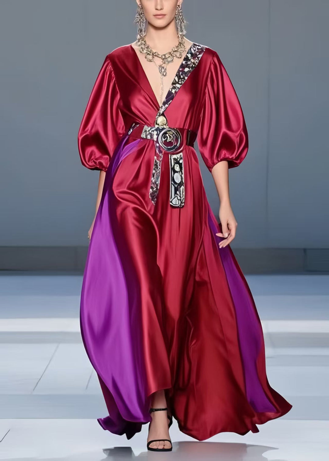 Women Mulberry Cinched Patchwork Silk Holiday Dress Summer