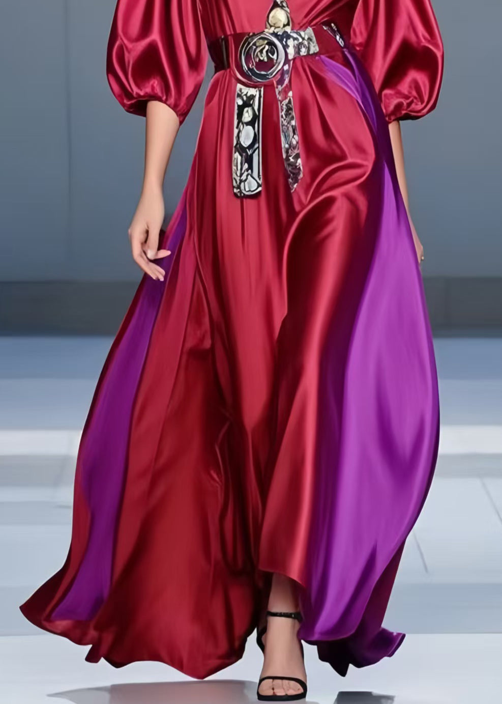 Women Mulberry Cinched Patchwork Silk Holiday Dress Summer