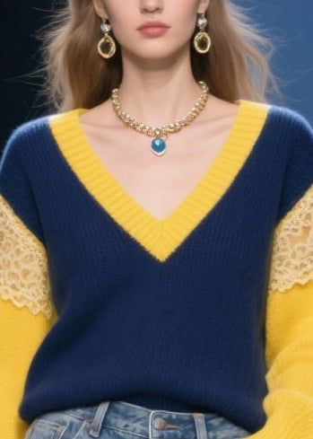 Women Navy Hollow Out Patchwork Lace Short Sweater Fall