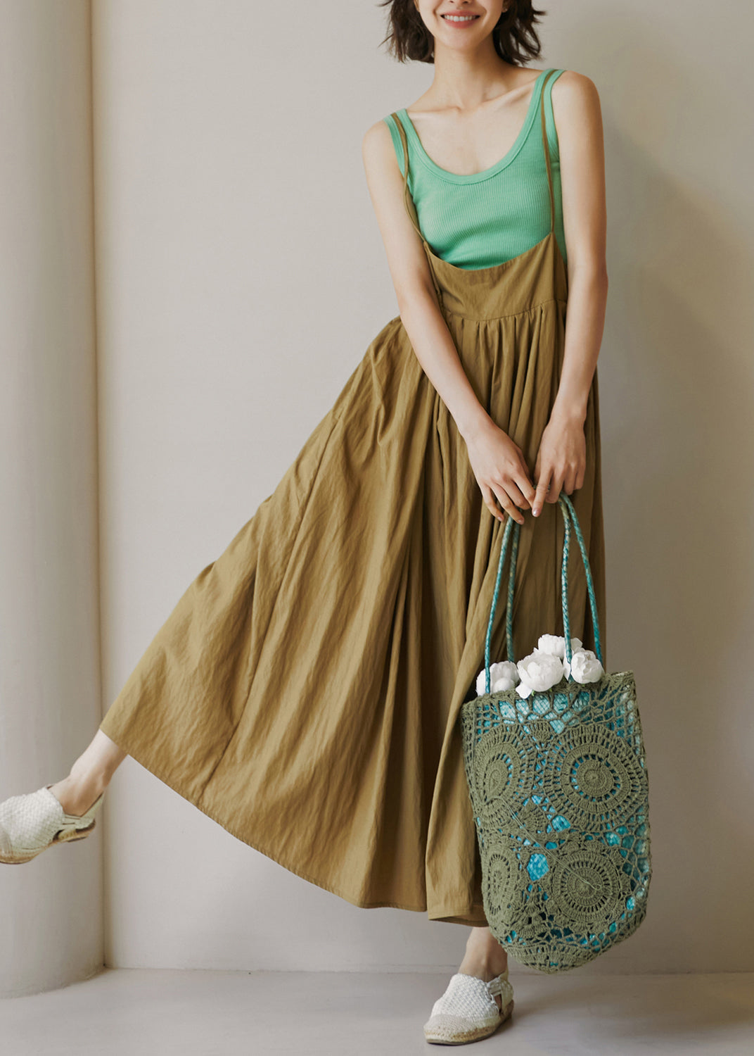 Women Navy Pockets Wrinkled Cotton Spaghetti Strap Dress Summer