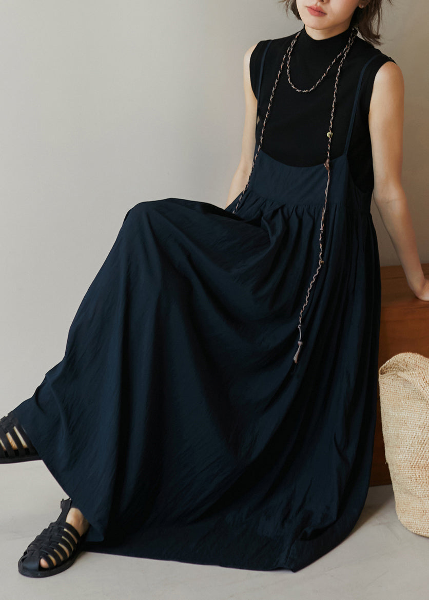 Women Navy Pockets Wrinkled Cotton Spaghetti Strap Dress Summer