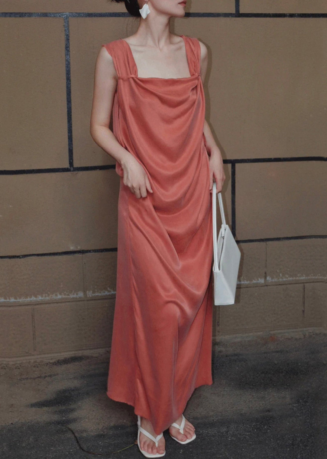 Women Orange Lace Up Solid Silk Long Dresses Sleeveless