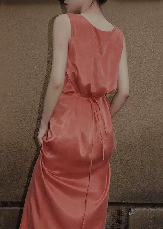 Women Orange Lace Up Solid Silk Long Dresses Sleeveless