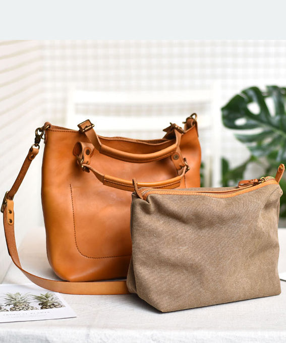 Women Orange Large Capacity Leather Tote Handbag