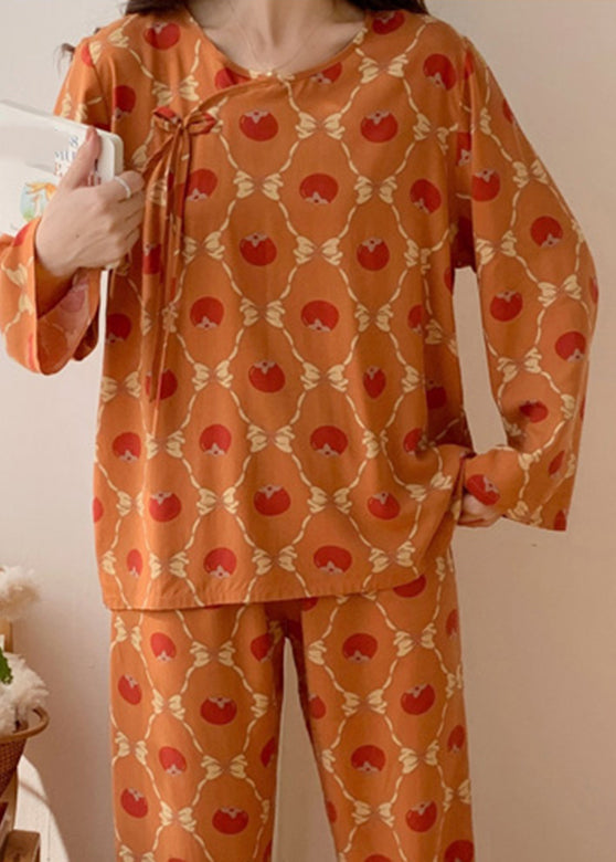 Women Orange O-Neck Bow Silk Velvet Two Piece Set Long Sleeve