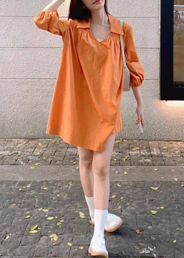 Women Orange Peter Pan Collar Wrinkled Cotton Shirts Dresses Lantern Sleeve