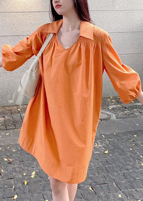 Women Orange Peter Pan Collar Wrinkled Cotton Shirts Dresses Lantern Sleeve