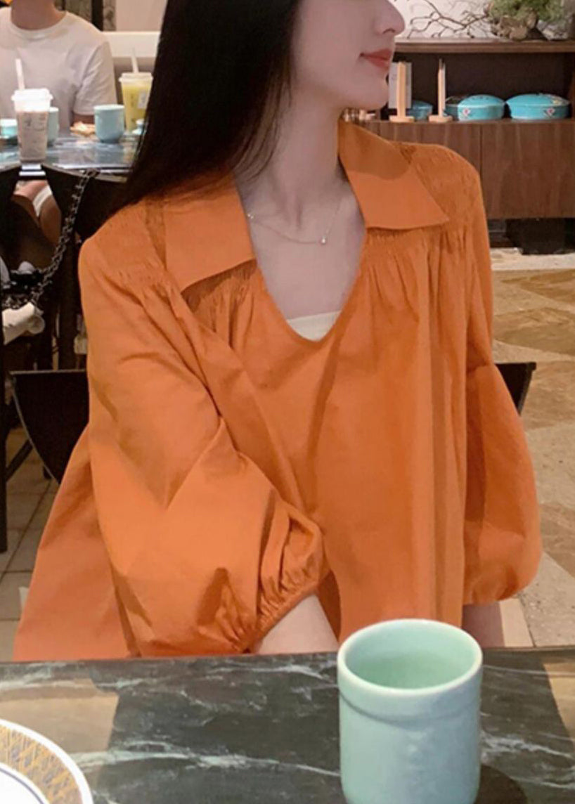 Women Orange Peter Pan Collar Wrinkled Cotton Shirts Dresses Lantern Sleeve
