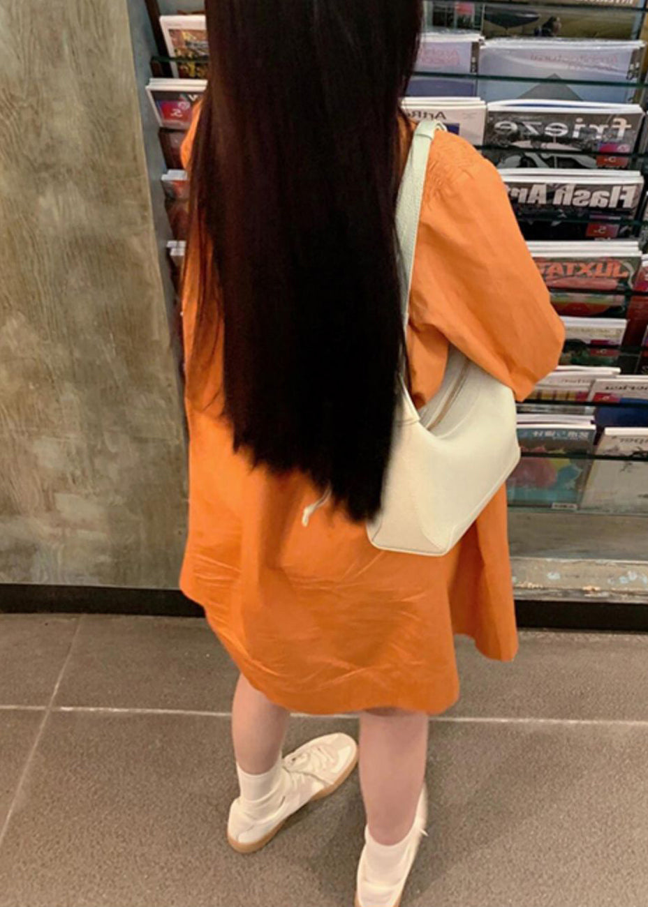 Women Orange Peter Pan Collar Wrinkled Cotton Shirts Dresses Lantern Sleeve