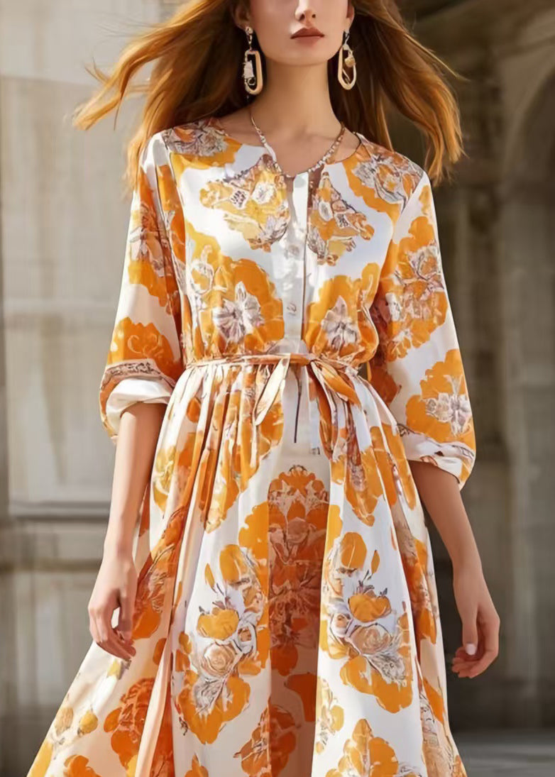 Women Orange Print Exra Large Hem Silk Tunic Dress Spring