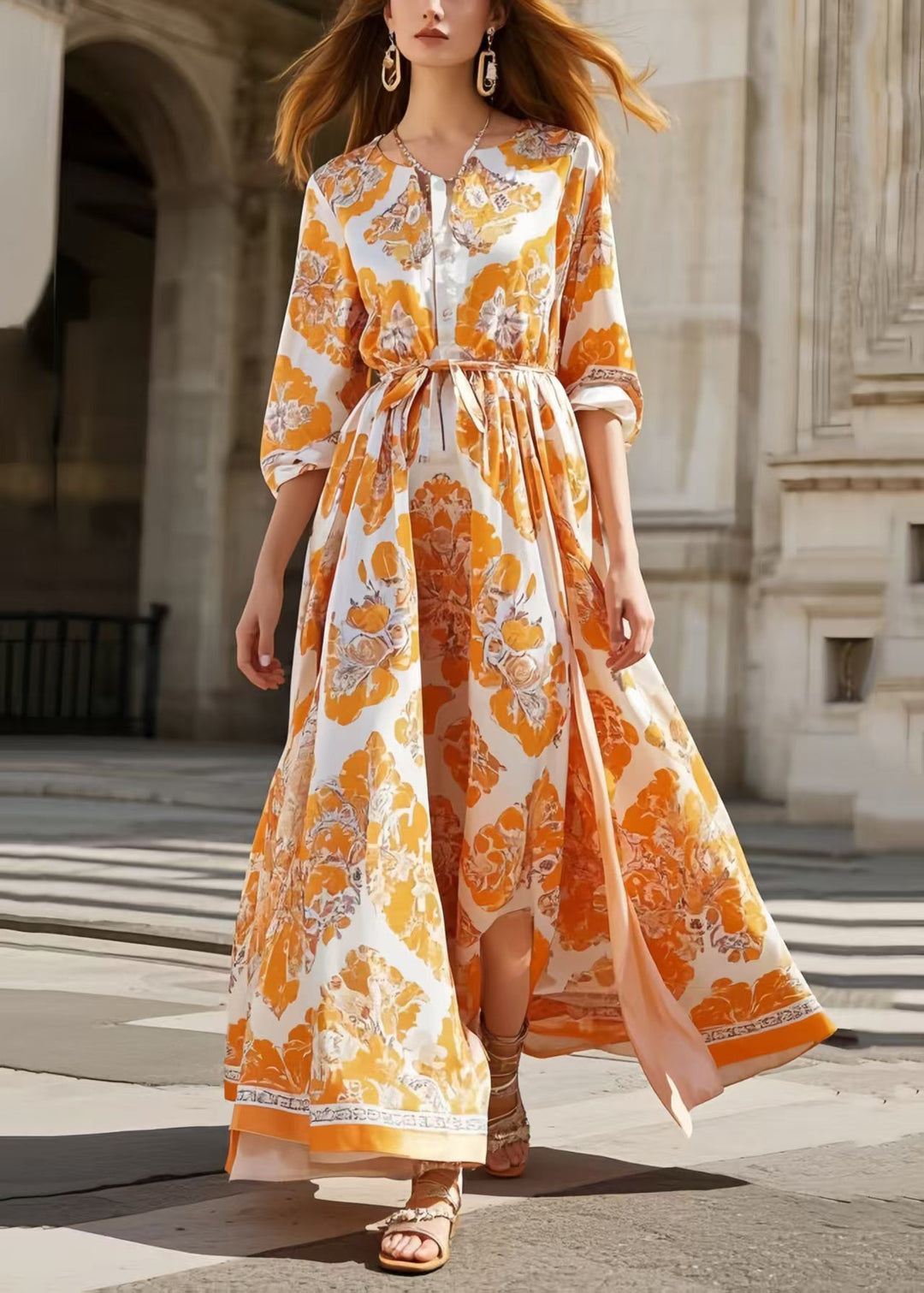 Women Orange Print Exra Large Hem Silk Tunic Dress Spring