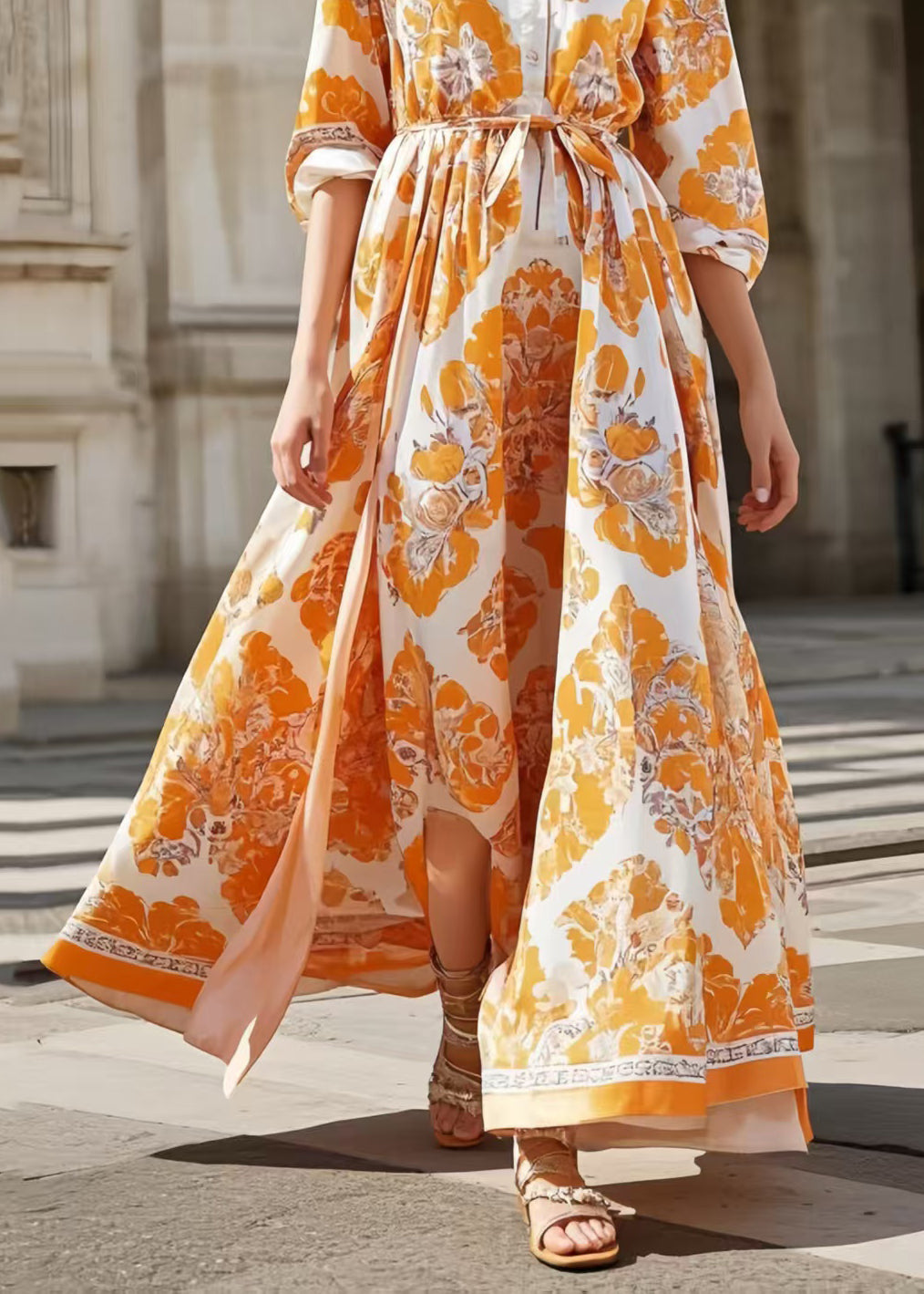 Women Orange Print Exra Large Hem Silk Tunic Dress Spring