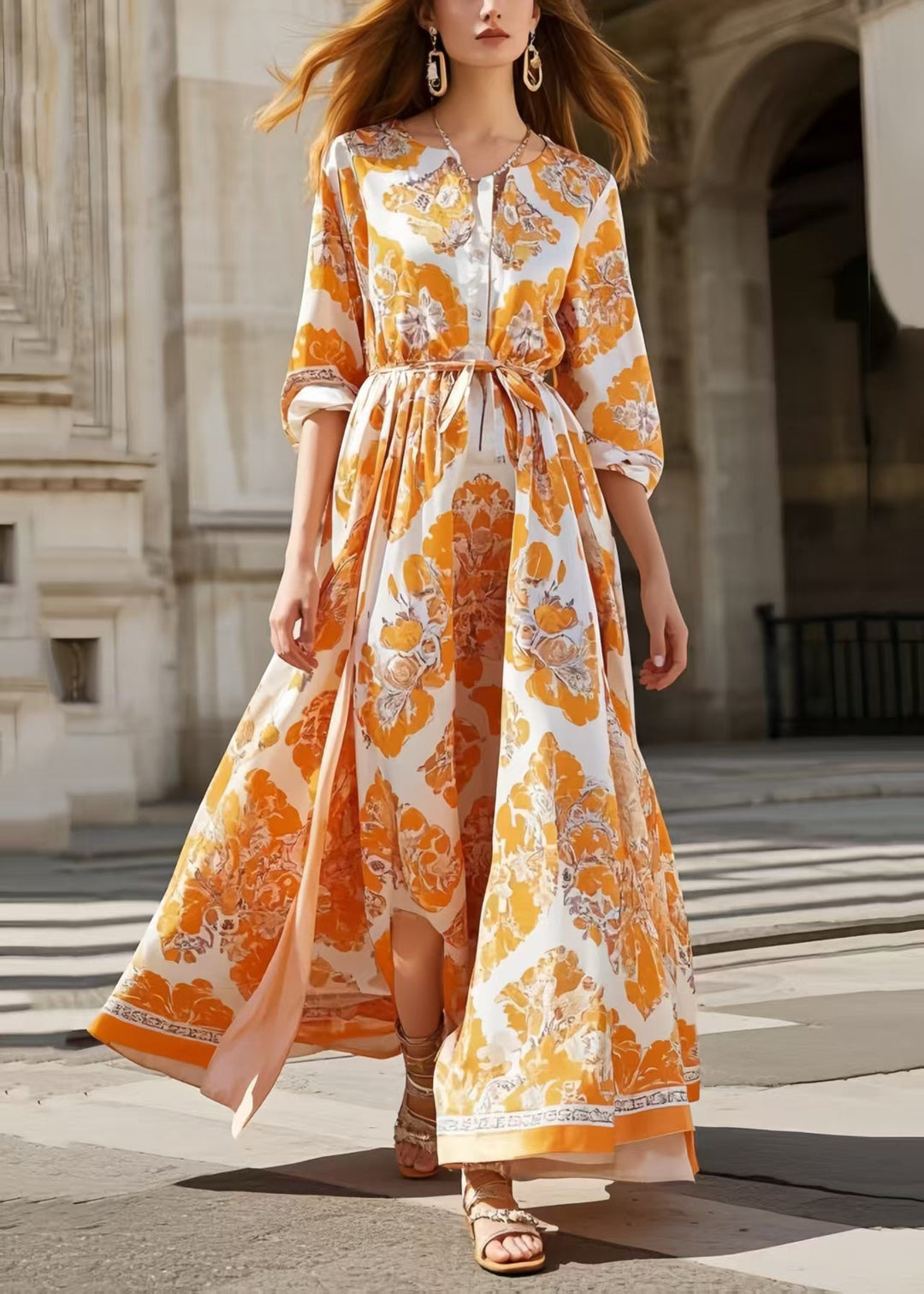 Women Orange Print Exra Large Hem Silk Tunic Dress Spring