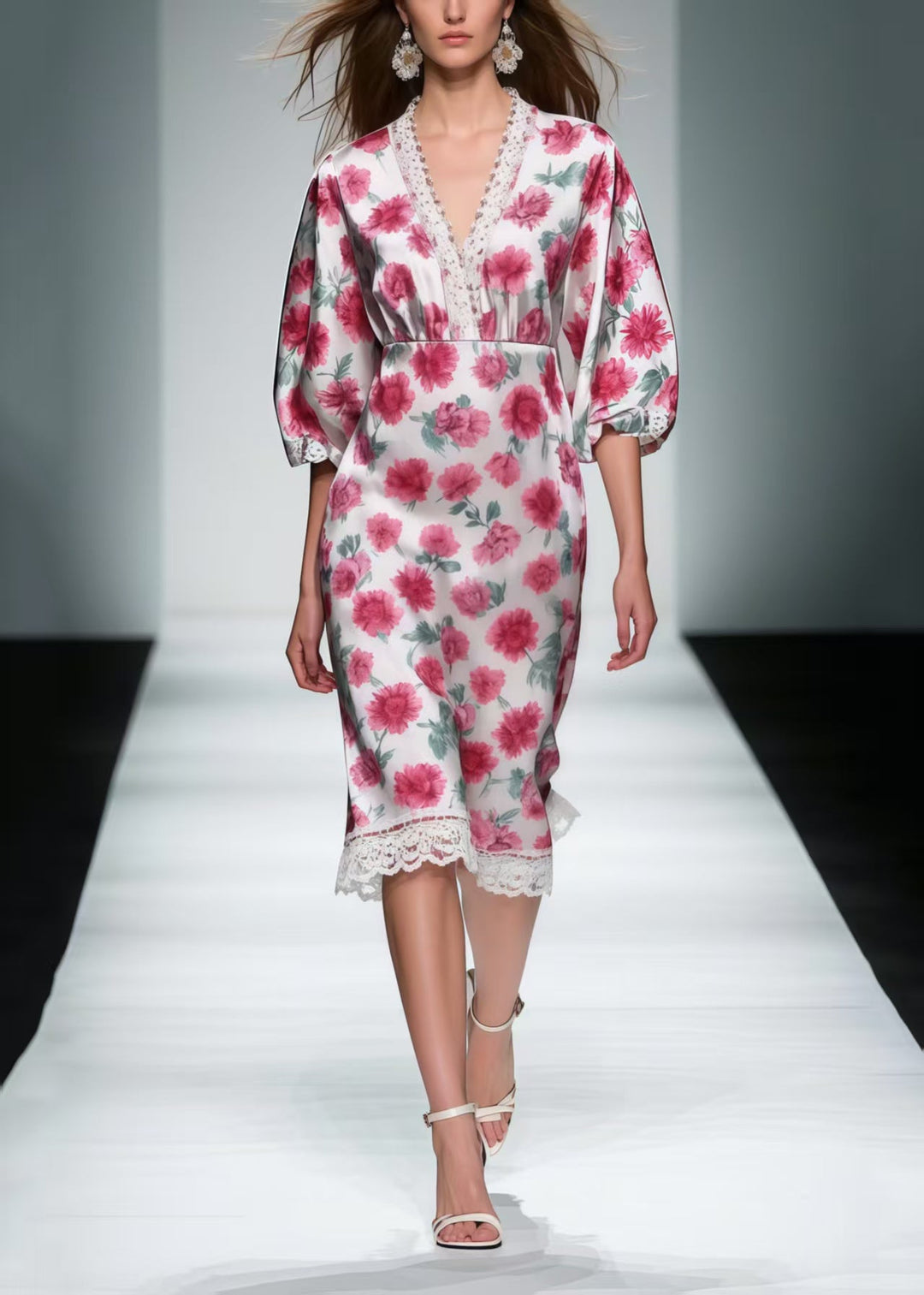 Women Pink Floral Patchwork Lace Silk Mid Dress Summer