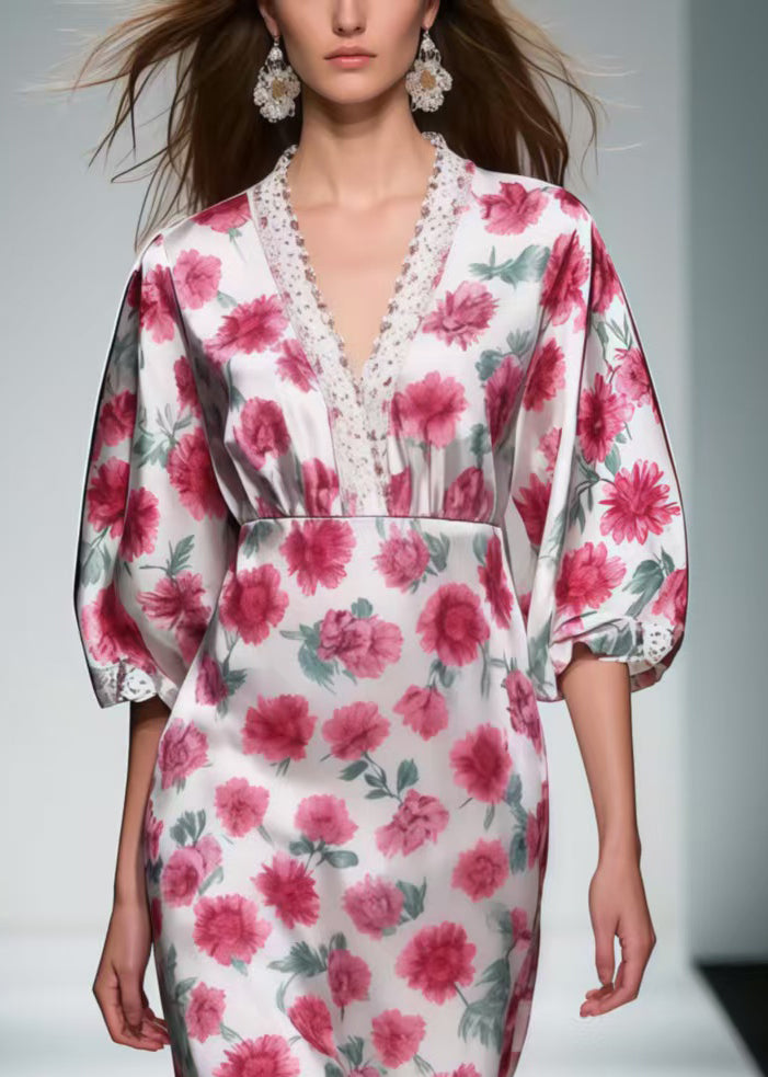 Women Pink Floral Patchwork Lace Silk Mid Dress Summer