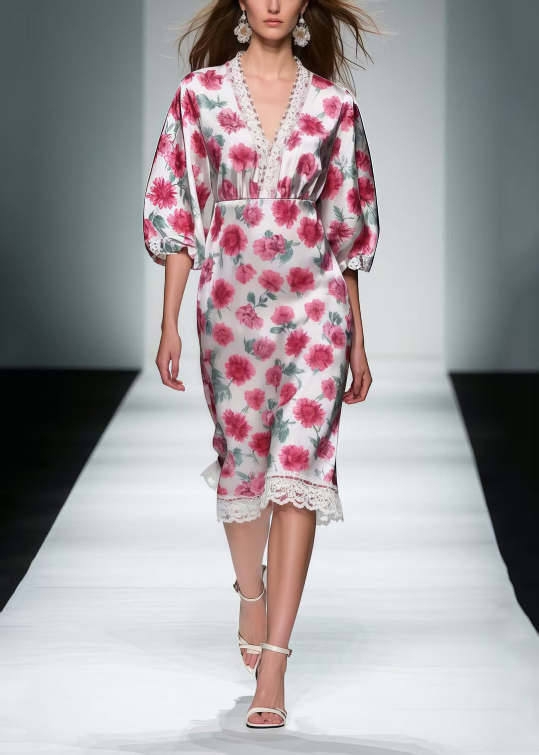 Women Pink Floral Patchwork Lace Silk Mid Dress Summer