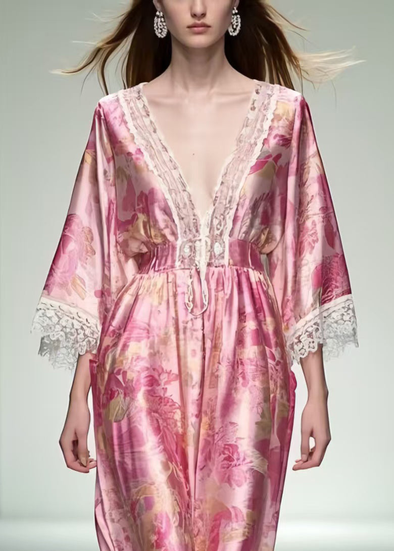 Women Pink Print Patchwork Lace Robe Dresses Summer