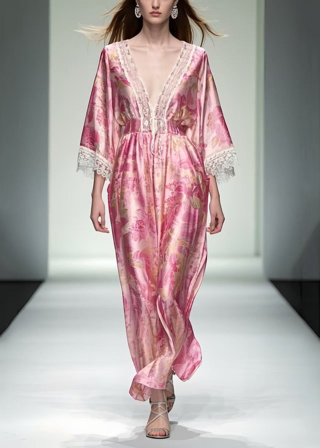 Women Pink Print Patchwork Lace Robe Dresses Summer