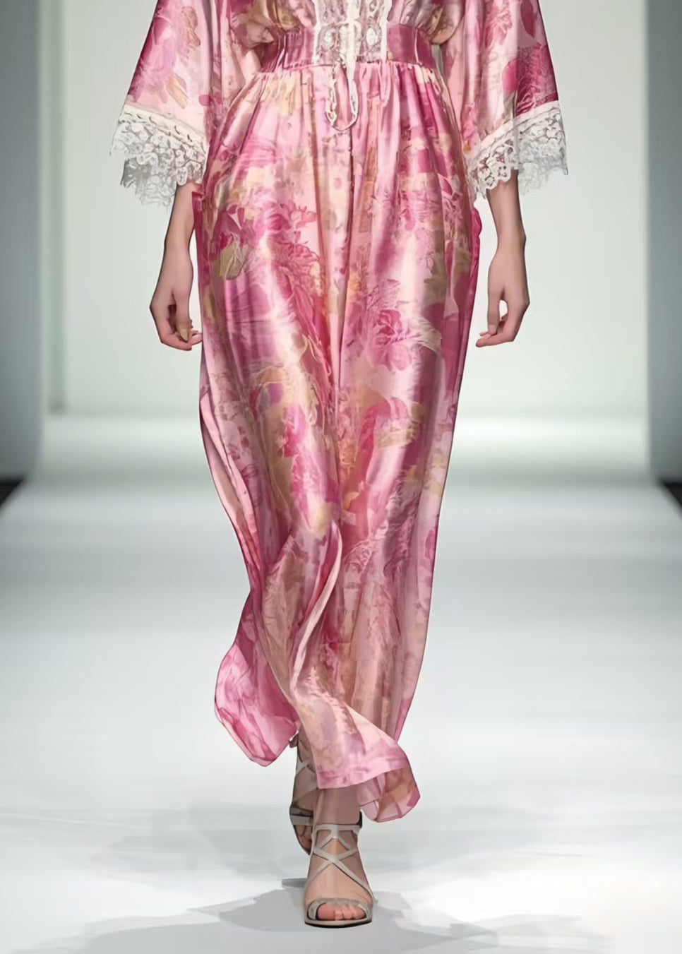 Women Pink Print Patchwork Lace Robe Dresses Summer