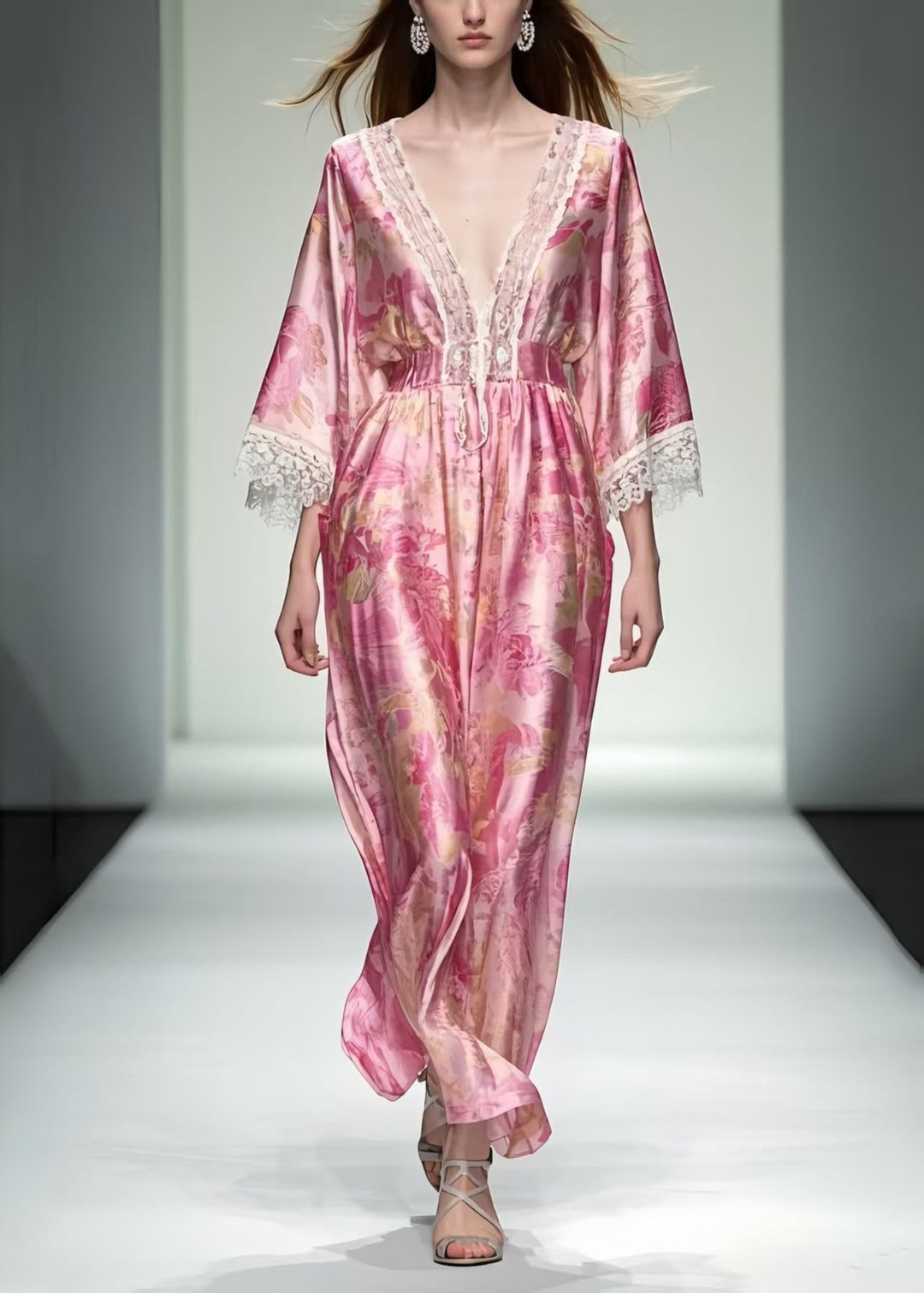 Women Pink Print Patchwork Lace Robe Dresses Summer