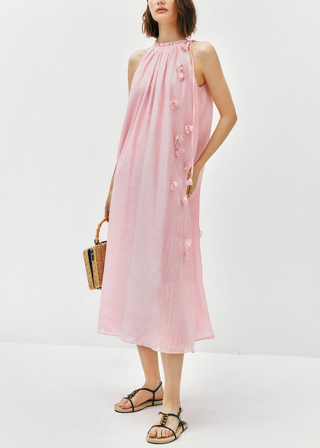 Women Pink Ruffled Floral Cotton Long Dress Sleeveless