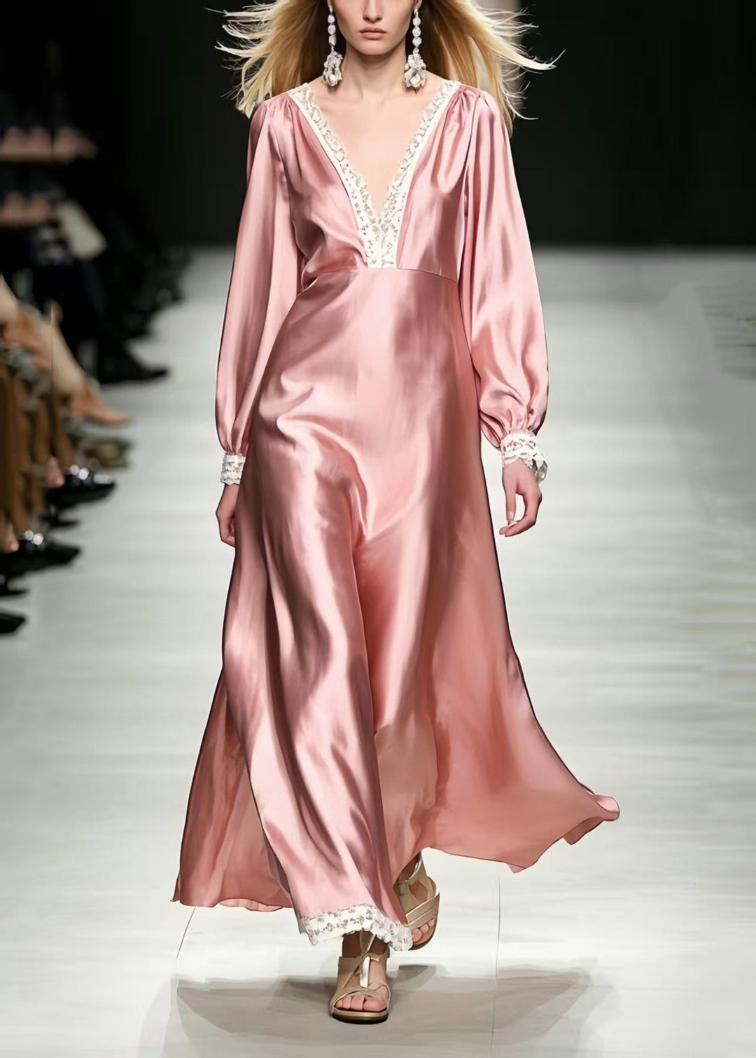 Women Pink V Neck Patchwork Silk Vacation Dresses Spring