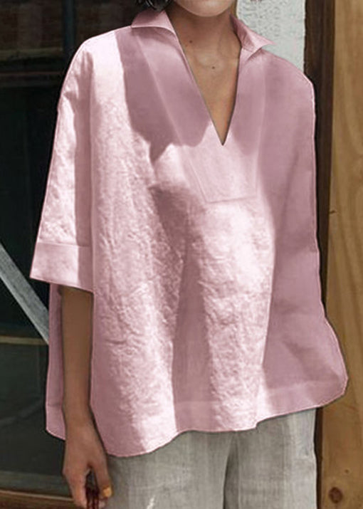 Women Pink V Neck Plus Size Cotton Shirt Summer