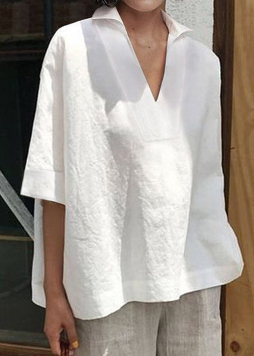 Women Pink V Neck Plus Size Cotton Shirt Summer