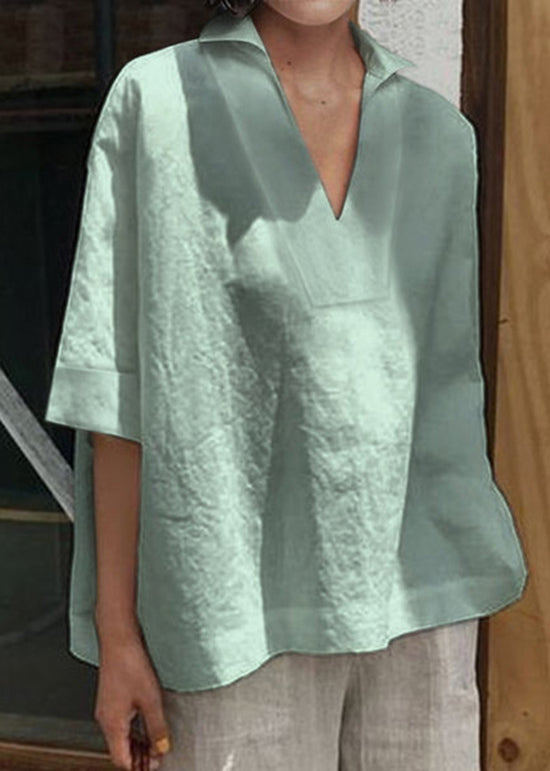 Women Pink V Neck Plus Size Cotton Shirt Summer