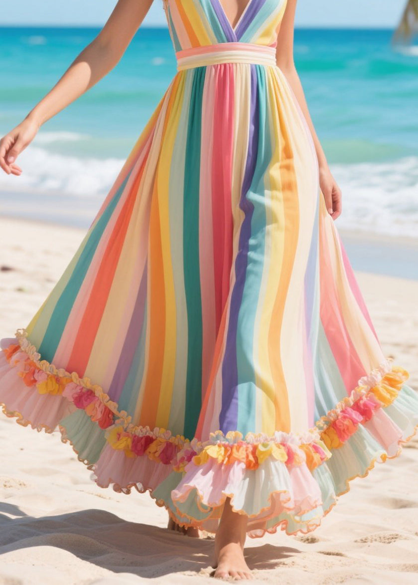 Women Rainbow Patchwork Exra Large Hem Silk Summer Beach Dress