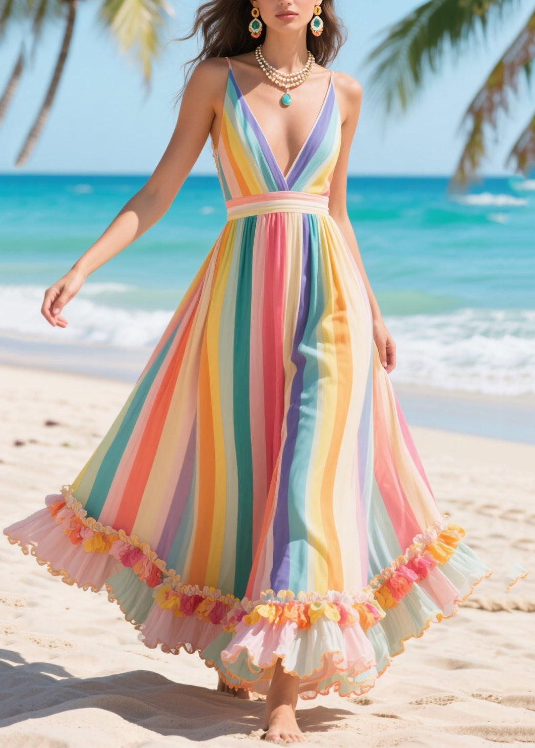 Women Rainbow Patchwork Exra Large Hem Silk Summer Beach Dress