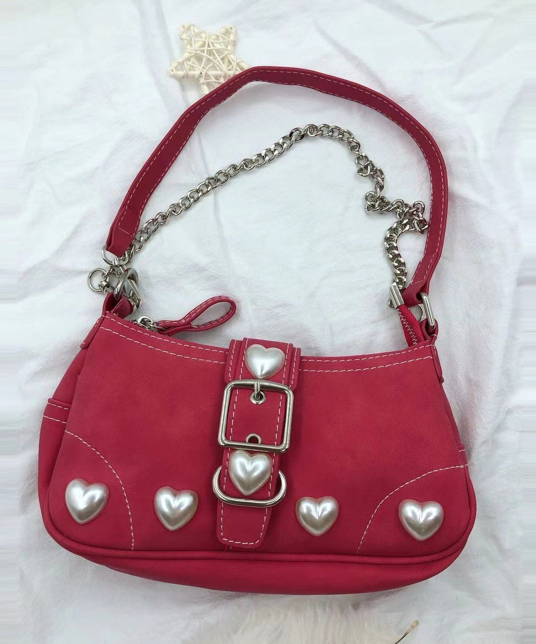 Women Red Pearl Love Faux Leather Hobo Bag